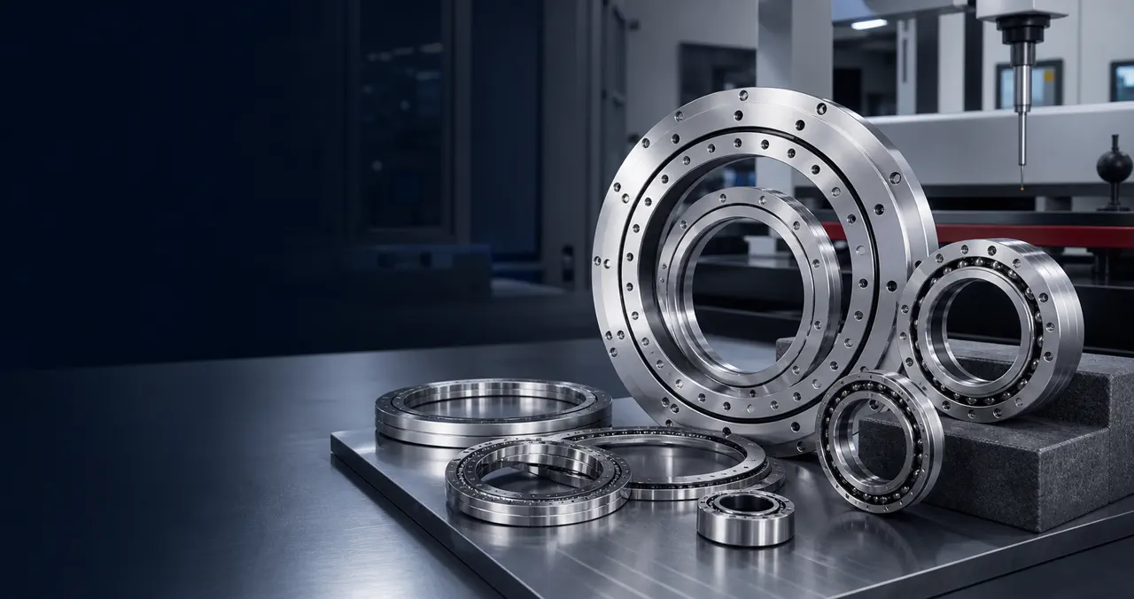 Precision cross roller bearing rings on an inspection table